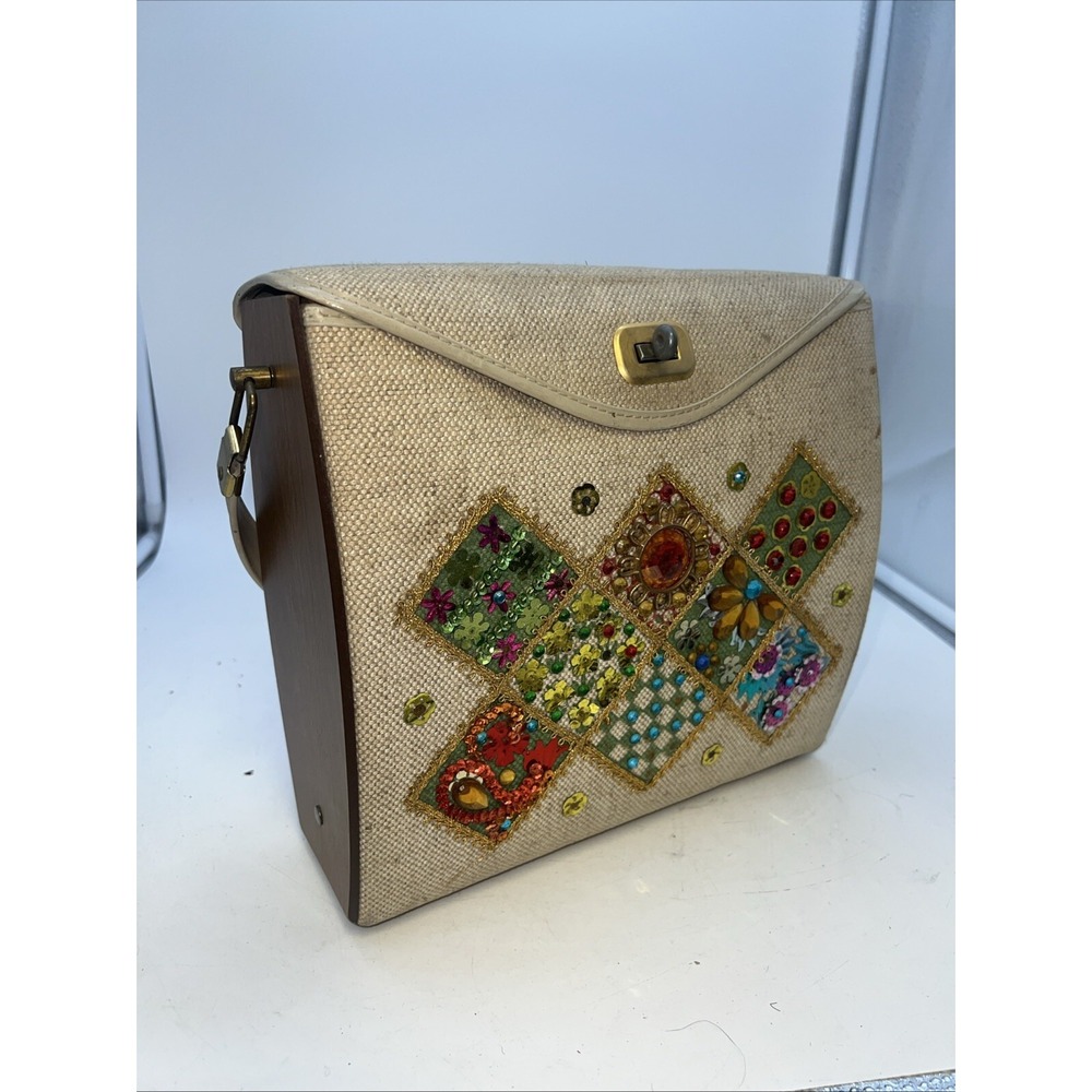Vintage Jeweled Canvas Box Bag Purse Jewel Flowers Wood 1960's - Picture 1 of 7
